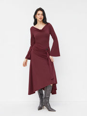 Cowl Neck Bell Sleeve O-Ring Ruched Ruffle Hem Midi Dress