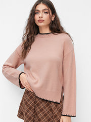 Knit Round Neckline Contrasting Binding Long Sleeve Top