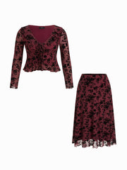 Mesh V-neck Floral Ruffle Hem Knotted Top & Mid Rise Maxi Skirt Set Curve & Plus