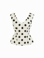 Polka Dot V-Neck Shirred Peplum Blouse