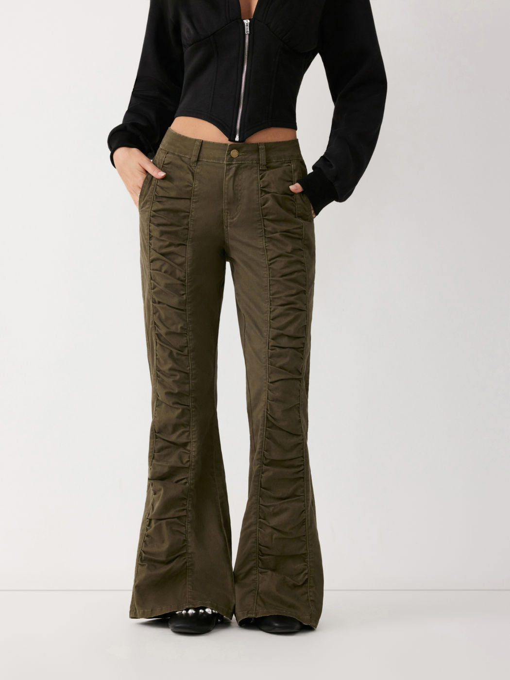 Stretch Washed Denim Low Rise Ruched Flared Jeans