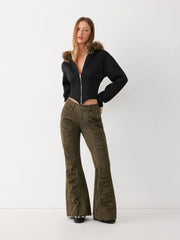 Stretch Washed Denim Low Rise Ruched Flared Jeans