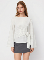 Boat Neck Stripe Knotted Bell Sleeve Blouse