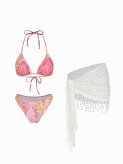 Romantic Floral Patchwork Halter Bikini Set With Lace Sarong
