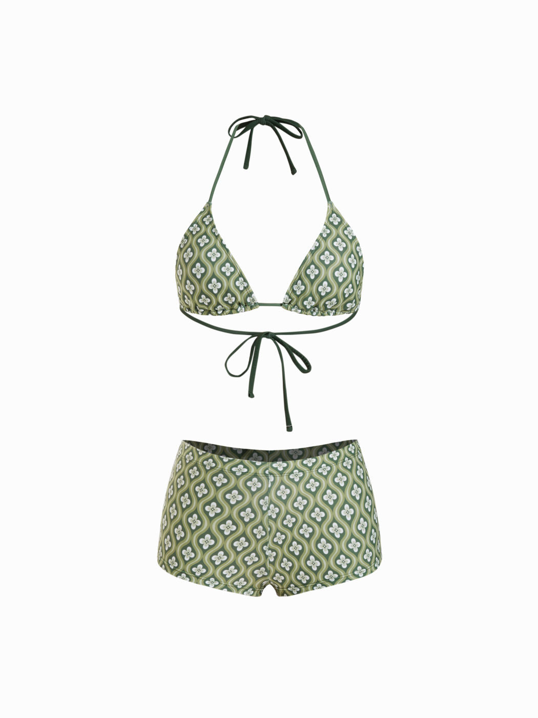 Halter Neckline Geometric Floral Shorts Bikini Set