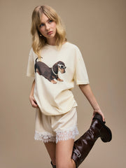 Cotton-blend Dachshund Puppy Graphic Oversized Tee