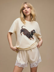 Cotton-blend Dachshund Puppy Graphic Oversized Tee