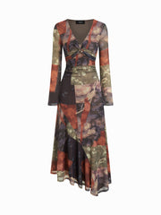Mesh V-neck Floral Asymmetrical Hem Twist Maxi Dress