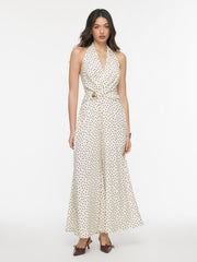 Halter Neckline Polka Dot Ruched Metal Detail Wide Leg Jumpsuit
