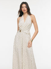 Halter Neckline Polka Dot Ruched Metal Detail Wide Leg Jumpsuit