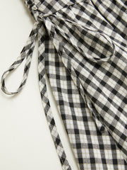 Cotton Mid Rise Plaid Bowknot Ruched Midi Skirt