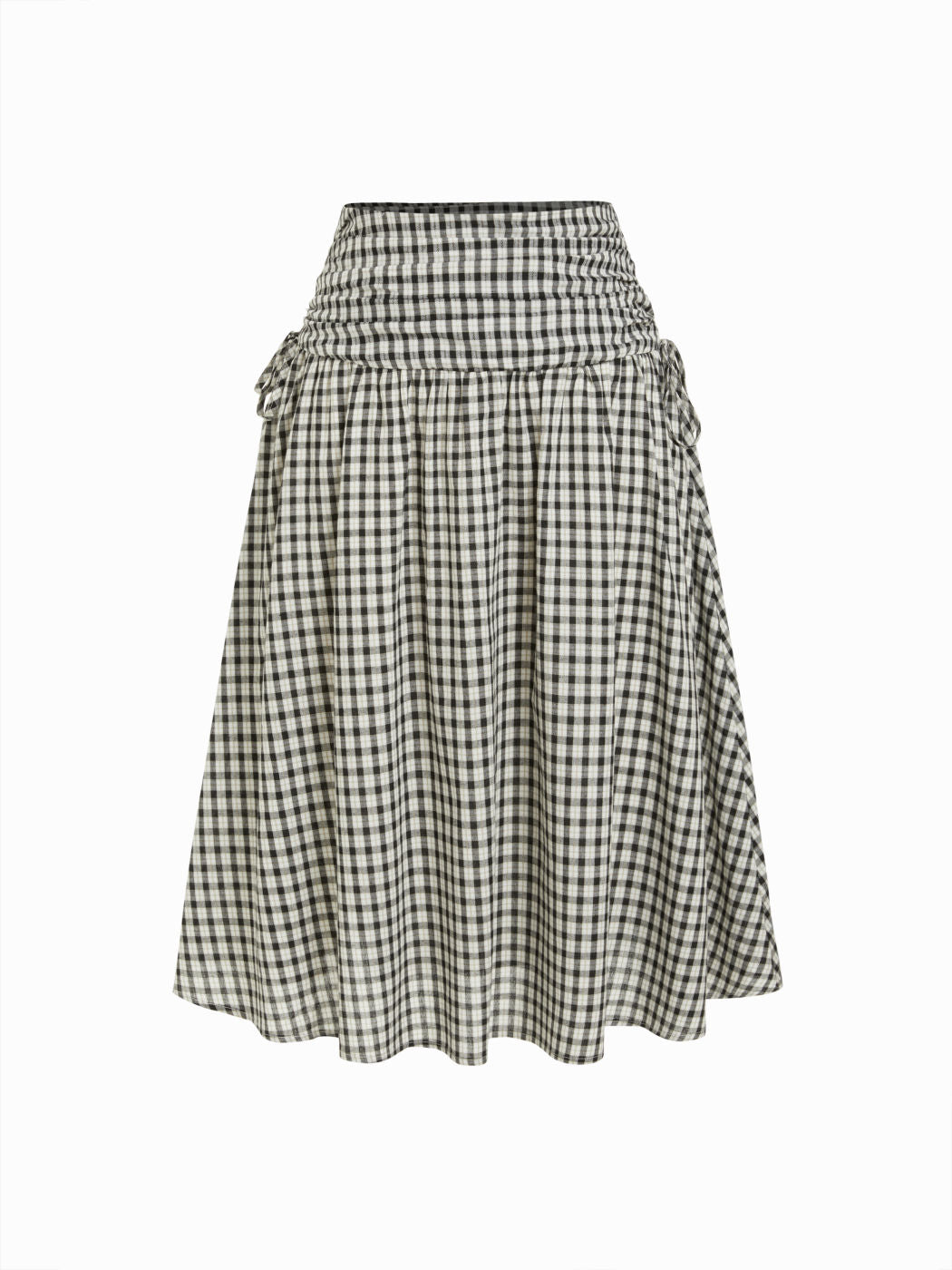 Cotton Mid Rise Plaid Bowknot Ruched Midi Skirt
