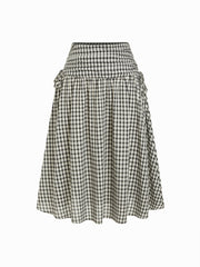 Cotton Mid Rise Plaid Bowknot Ruched Midi Skirt