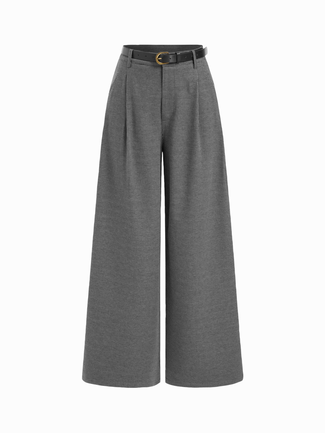Jacquard Low Rise Houndstooth Pleated Wide Leg Trousers With Belt