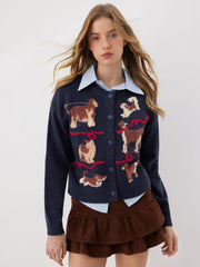 Knit Cute Dog Pattern Embroidery Oversized Cardigan