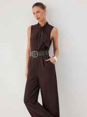 Asymmetrical Neck Ruched Straight Leg Jumpsuit With Belt