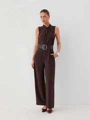 Asymmetrical Neck Ruched Straight Leg Jumpsuit With Belt