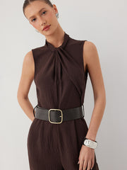 Asymmetrical Neck Ruched Straight Leg Jumpsuit With Belt
