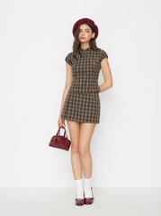 Mandarin Collar Plaid Top & Mid Rise Zipper Mini Skort Set