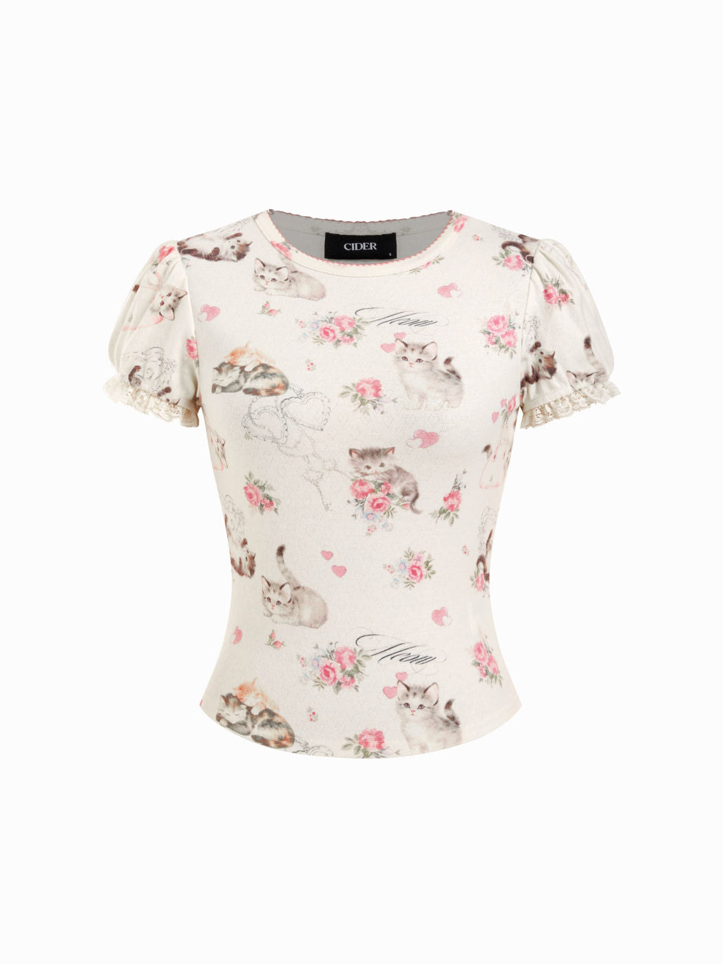 Cat & Floral Graphic Jacquard Puff Sleeve Tee