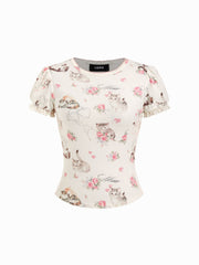 Cat & Floral Graphic Jacquard Puff Sleeve Tee