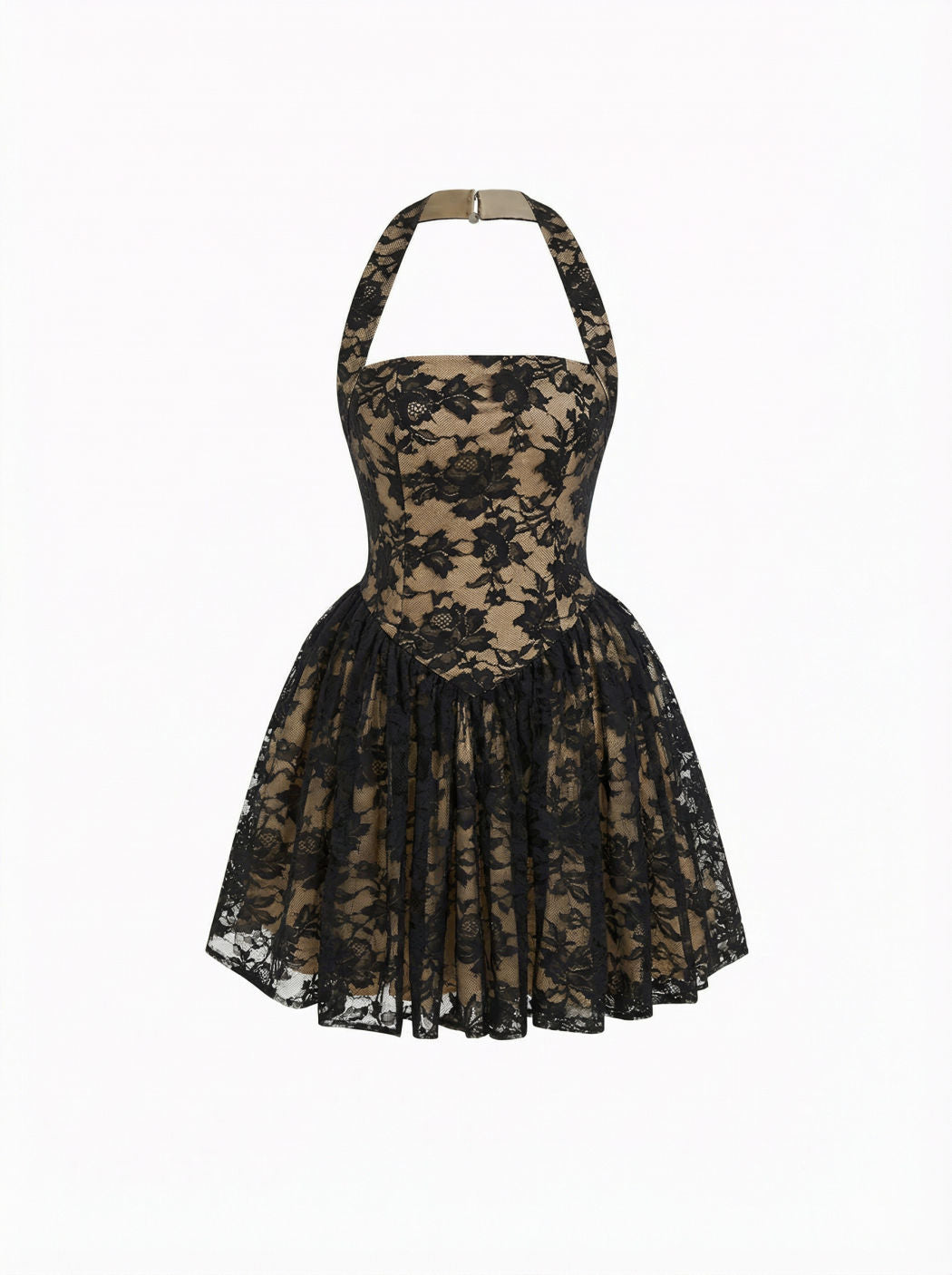 Floral Lace Halter Neckline Ruffled Flared Mini Dress