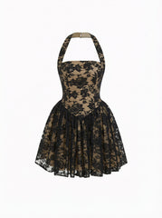 Floral Lace Halter Neckline Ruffled Flared Mini Dress