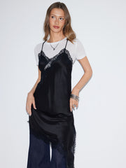 Satin V-neck Lace Trim Asymmetric Hem Midi Dress