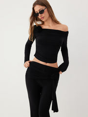 Off-shoulder Ruched Top & Mid Rise Flared Trousers Set