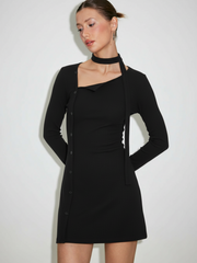Asymmetrical Neck Bell Sleeve Side Button Mini Dress With Scarf