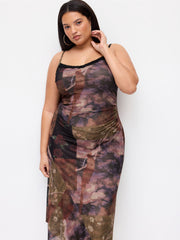 Floral Patchy Lace Trim Asymmetrical Hem Midi Dress Curve & Plus