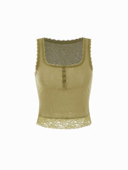 Cotton-blend Square Neck Lace Trim Tank Top