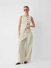 Round Neck Button Front Split Top & High Rise Wide Leg Trousers Set