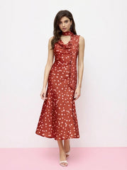 Satin Cowl Neck Polka Dot Mermaid Maxi Dress