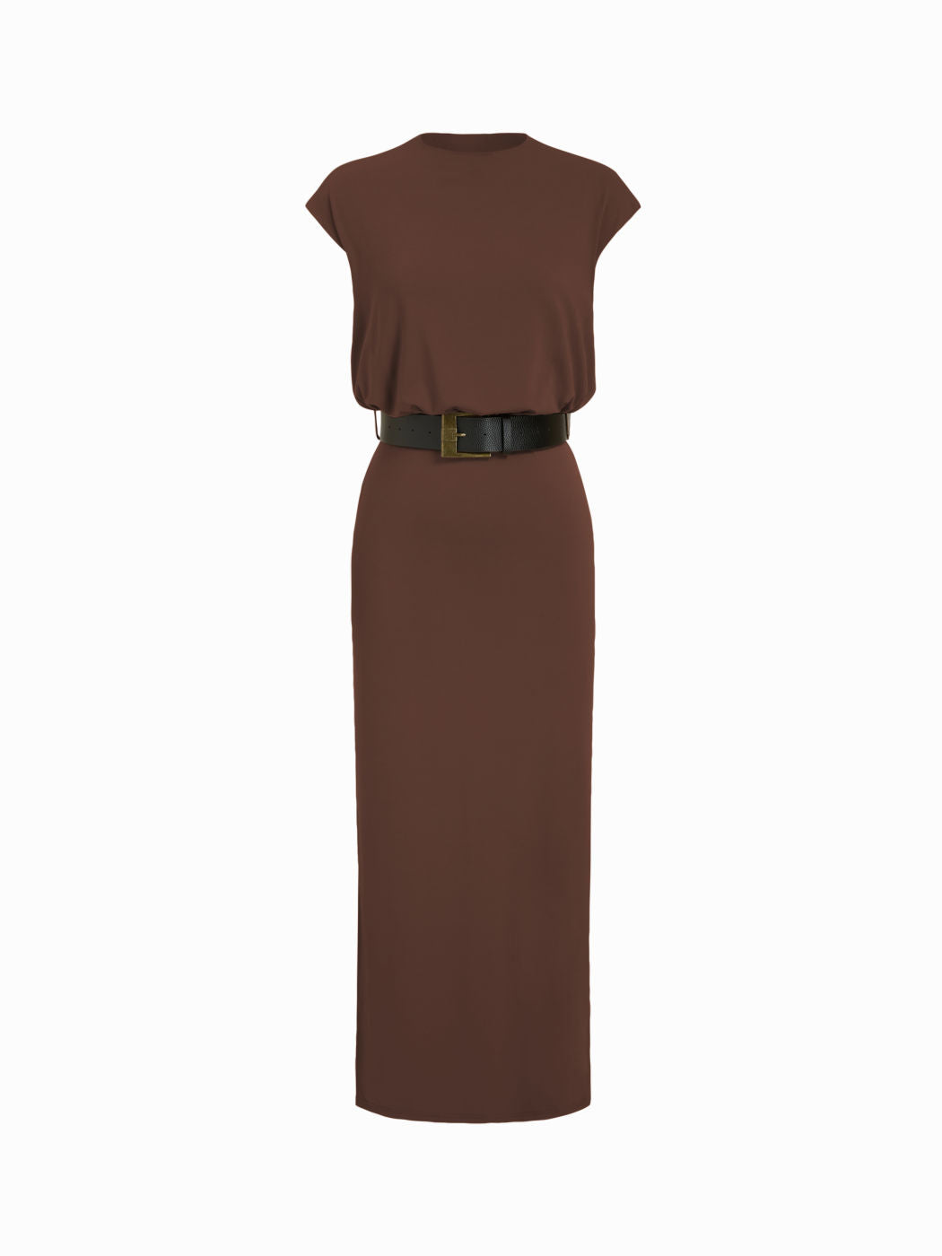 Round Neckline Split Straight Maxi Dress With Belt