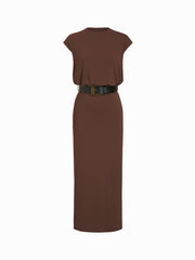 Round Neckline Split Straight Maxi Dress With Belt