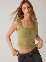 Cotton-blend Square Neck Lace Trim Tank Top