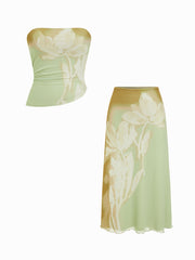 Mesh Floral Wrap Tube Top & Mid Rise Pencil Maxi Skirt Set