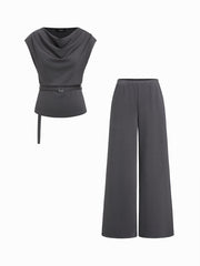 Cowl Neck Belted Top & Mid Rise Wide Leg Trousers Set