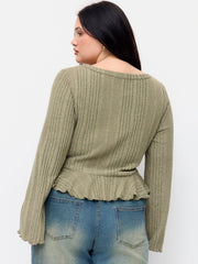 V-neck Bell Sleeve Ruffle Hem Top Curve & Plus