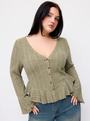 V-neck Bell Sleeve Ruffle Hem Top Curve & Plus