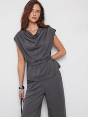 Cowl Neck Belted Top & Mid Rise Wide Leg Trousers Set