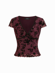Textured Floral V-neck Lace Panel Crop Top