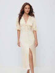 Satin V-neck Lace Trim Tie Front Puff Sleeve Maxi Dress