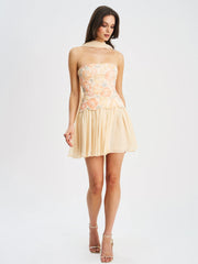 Quanisha Yellow Beaded Floral Mini Chiffon Dress with Scarf