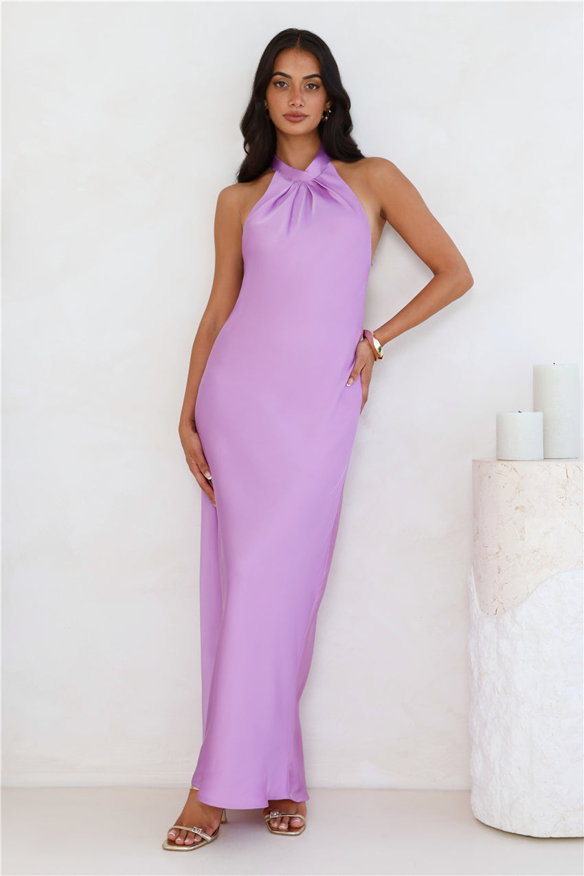 Delicate Dazzle Halter Satin Maxi Dress Purple