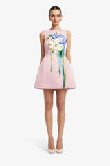 Ali Embroidered Boat Neck Mini Dress - Bouquet Print in Pastel Pink