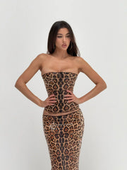 Helena | Women'S Sequin Leopard Low-Rise Bodycon Skirt Two-Piece Set