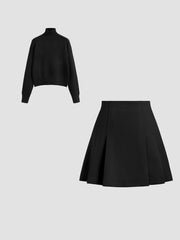Knit High Neck Solid Long Sleeve Top&Solid Mid Waist Pleated Mini Skirt Set