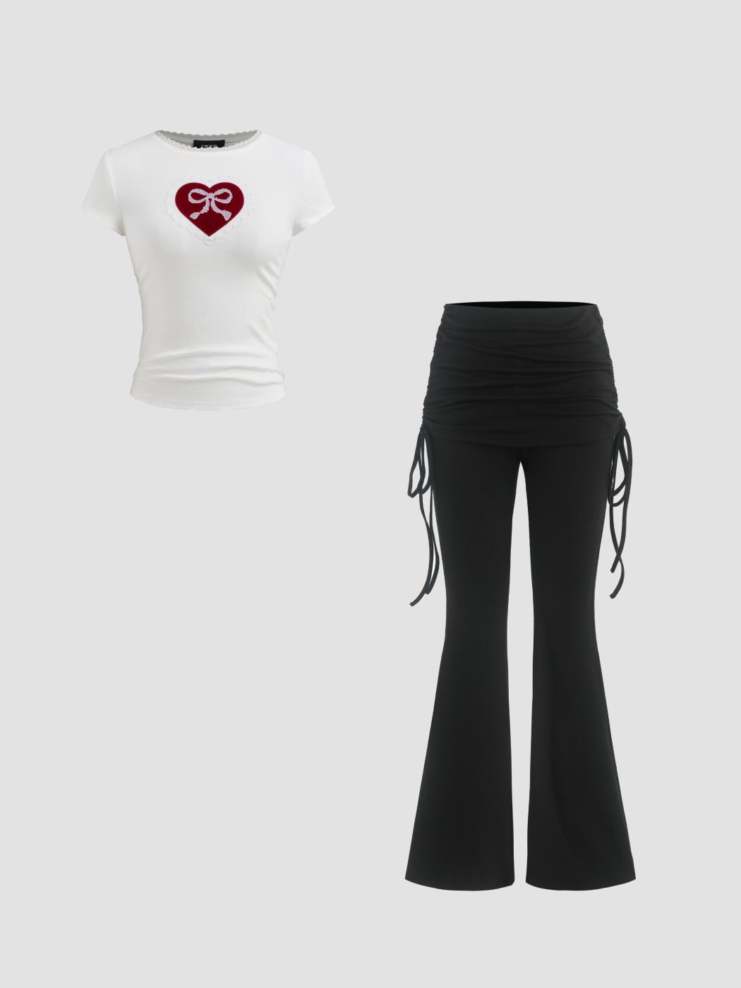 Jersey High-Waist Knot Ruched Flare Pant & Heart Lace Tee